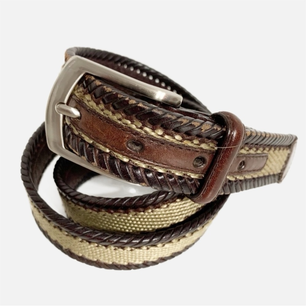 Ace Leather Belt Woven Sides Webbing Center Silver Toned Hardware Square Buckle